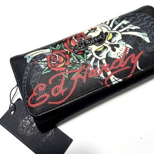 NWT Ed Hardy Trifold Long Wallet Y2K Tattoo Skull Roses Black Tiger